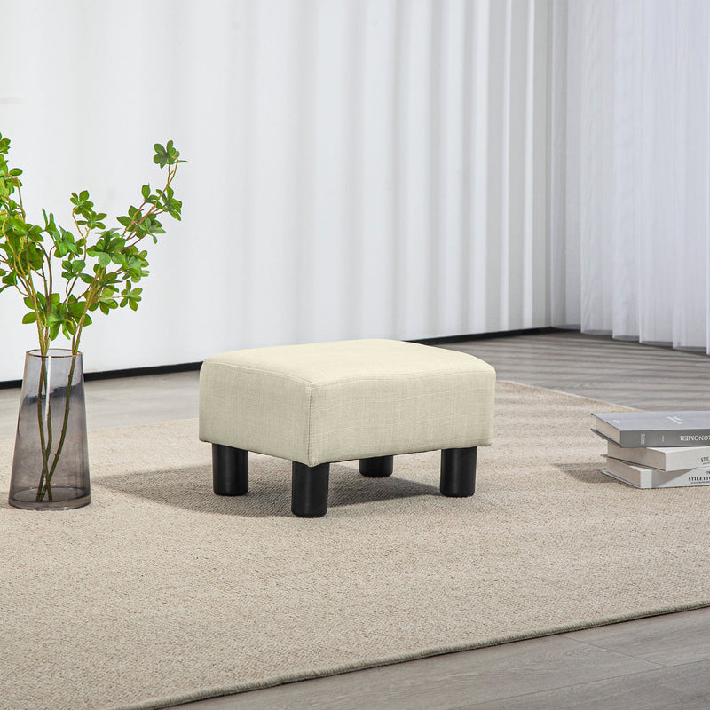 Small Ottoman Foot Rest, Foot Stool with Linen Fabric Upholstery and Plastic Legs, Cube Ottoman, Beige