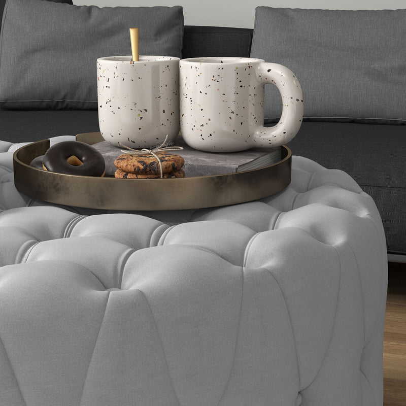 Round Ottoman Coffee Table with Velvet-feel Upholstery, Button Tufted Design and Padded Seat, Gray