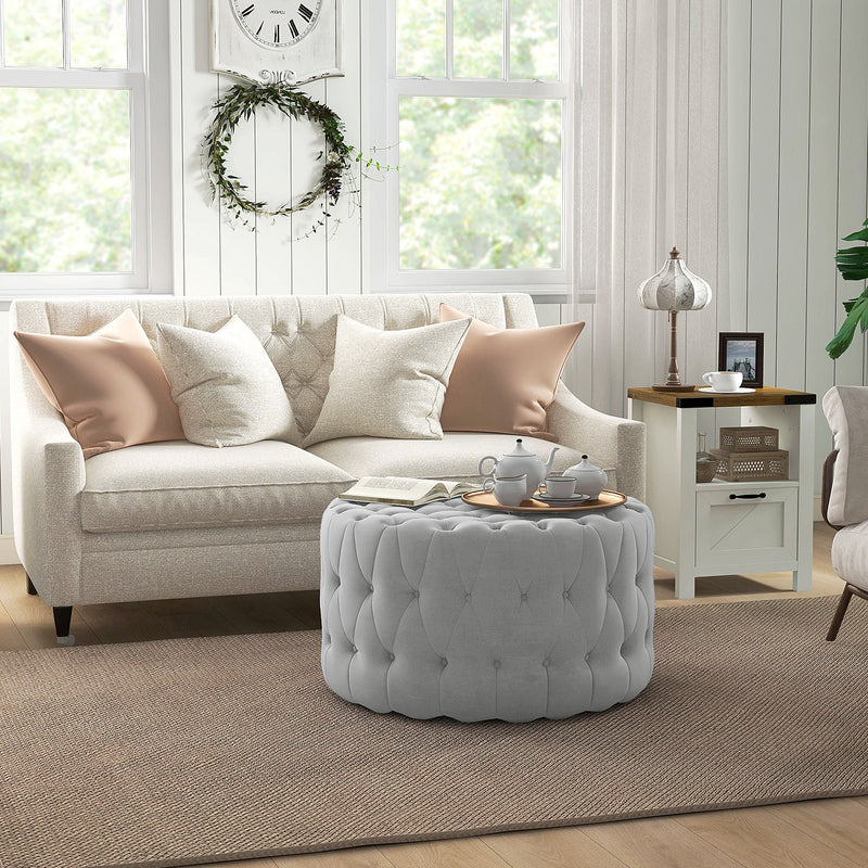 Round Ottoman Coffee Table with Velvet-feel Upholstery, Button Tufted Design and Padded Seat, Gray