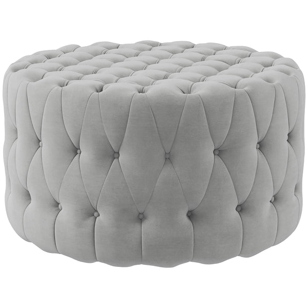 Round Ottoman Coffee Table with Velvet-feel Upholstery, Button Tufted Design and Padded Seat, Gray