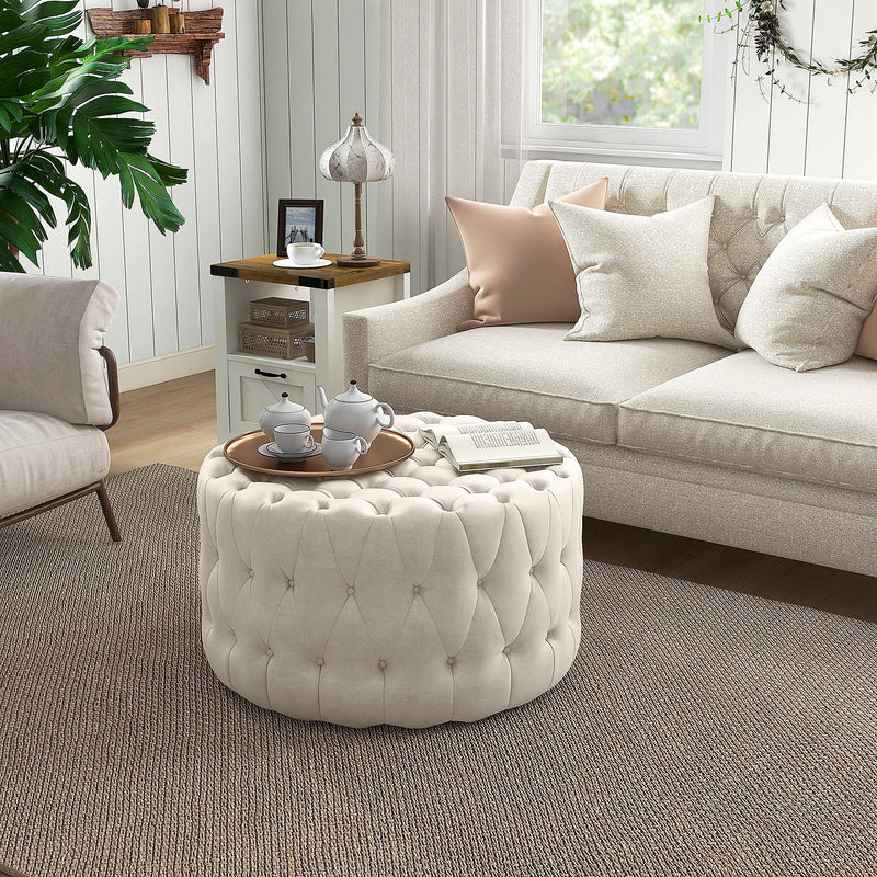 Round Ottoman Coffee Table with Velvet-feel Upholstery, Button Tufted Design and Padded Seat, Beige