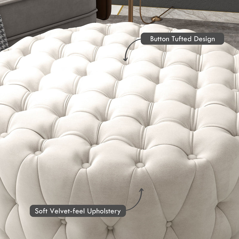 Round Ottoman Coffee Table with Velvet-feel Upholstery, Button Tufted Design and Padded Seat, Beige