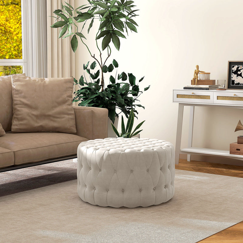 Round Ottoman Coffee Table with Velvet-feel Upholstery, Button Tufted Design and Padded Seat, Beige