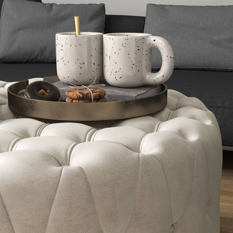 Round Ottoman Coffee Table with Velvet-feel Upholstery, Button Tufted Design and Padded Seat, Beige