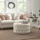 Round Ottoman Coffee Table with Velvet-feel Upholstery, Button Tufted Design and Padded Seat, Beige