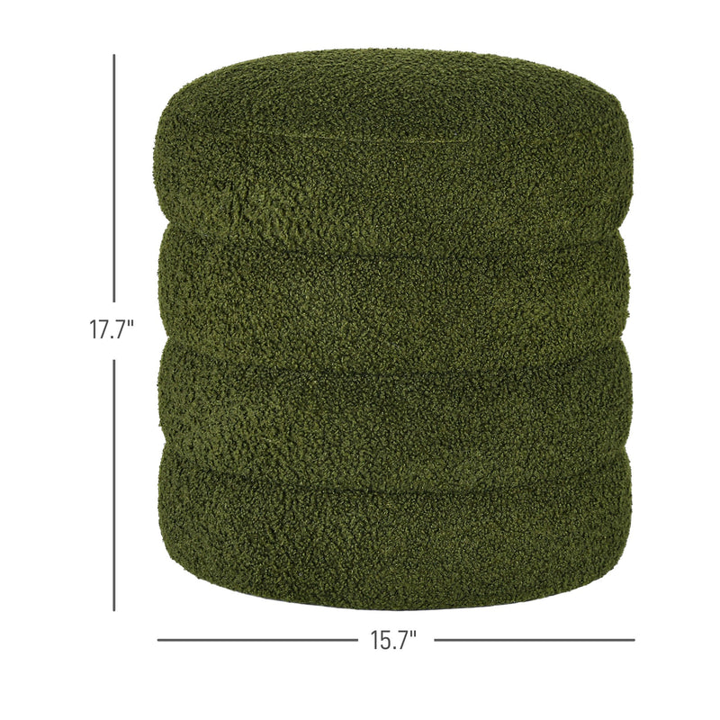 Round Ottoman, Upholstered Foot Stool with Steel Frame, Teddy Fleece Fabric for Living Room, Entryway, Green