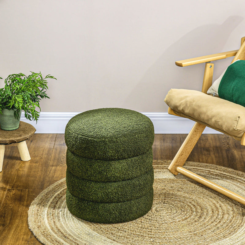 Round Ottoman, Upholstered Foot Stool with Steel Frame, Teddy Fleece Fabric for Living Room, Entryway, Green