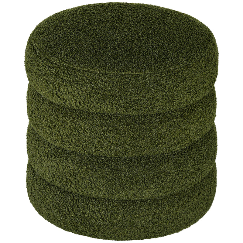 Round Ottoman, Upholstered Foot Stool with Steel Frame, Teddy Fleece Fabric for Living Room, Entryway, Green