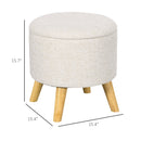 Round Ottoman Stool with Storage, Linen Fabric Upholstered Foot Stool with Padded Seat, Hidden Space and Wood Legs, White