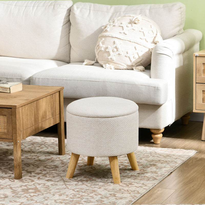 Round Ottoman Stool with Storage, Linen Fabric Upholstered Foot Stool with Padded Seat, Hidden Space and Wood Legs, White