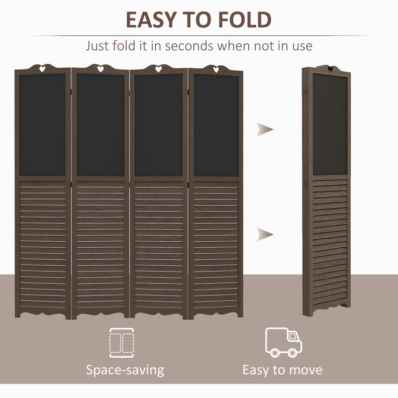 Wooden Room Divider with Blackboard, 4 Panel Folding Privacy Screen for Home Office, 5.5', Walnut Brown