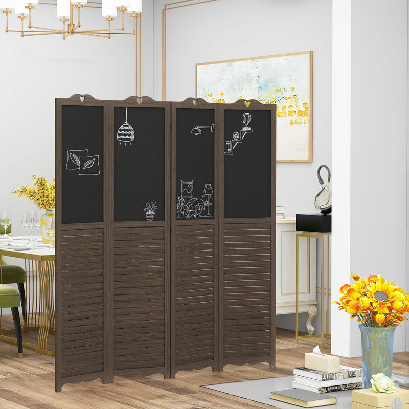 Wooden Room Divider with Blackboard, 4 Panel Folding Privacy Screen for Home Office, 5.5', Walnut Brown