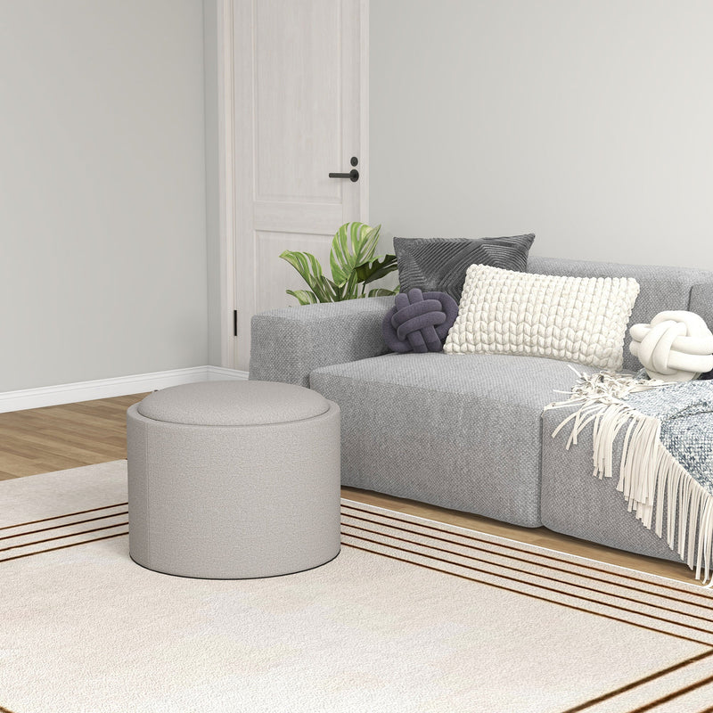 Round Storage Ottoman Coffee Table with Flip Top Tray, Linen Fabric Upholstered Footstool with Hidden Compartment