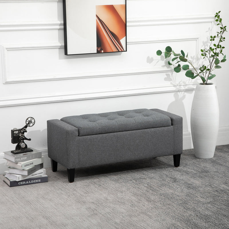 Storage Ottoman, Linen Upholstered Storage Bench with Lift Top and Button Tufted for Living Room, Gray