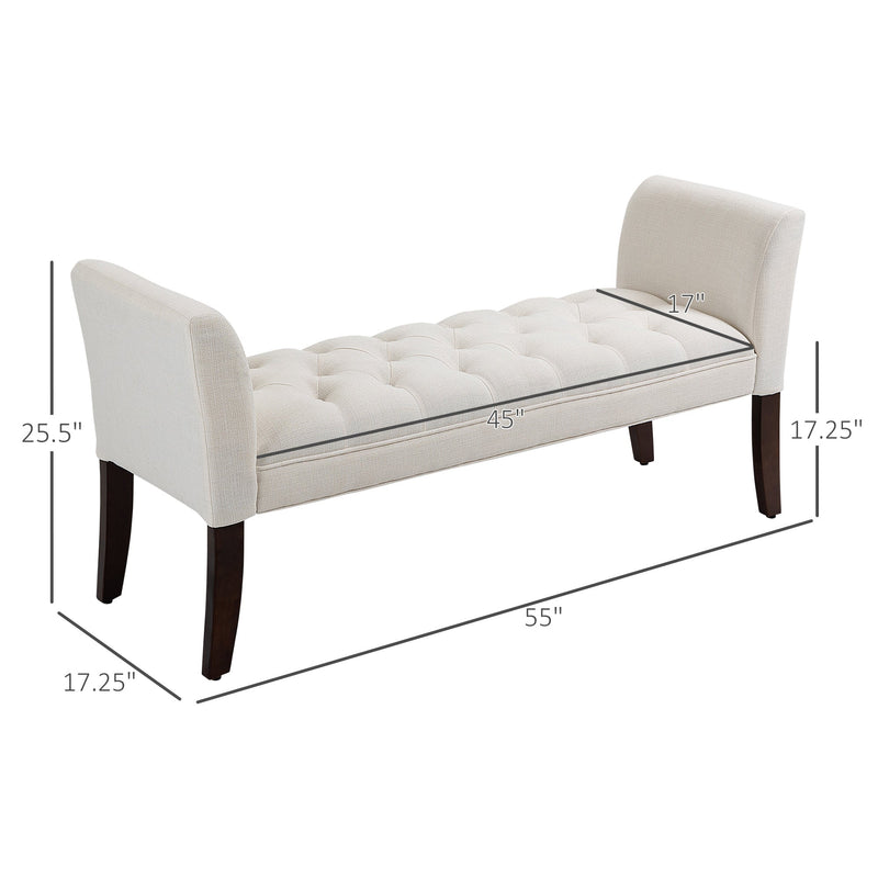 Upholstered Bedroom Bench with Button Tufted Design, End of Bed Bench with Arms and Solid Wood Legs, Cream White