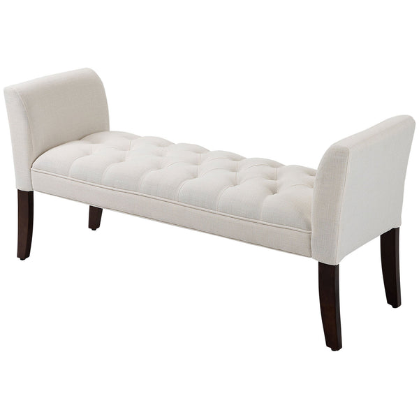 Upholstered Bedroom Bench with Button Tufted Design, End of Bed Bench with Arms and Solid Wood Legs, Cream White